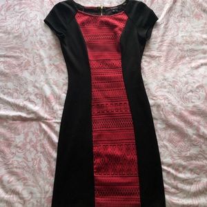 Small body con dress; black and red Aztec print